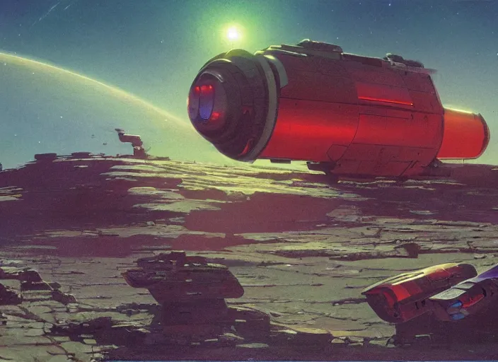 Prompt: a vividly - coloured spacecraft in an empty landscape by martin deschambault, dean ellis, peter elson, josan gonzalez, david a hardy, john harris, wadim kashin, angus mckie, moebius, bruce pennington, sci - fi art