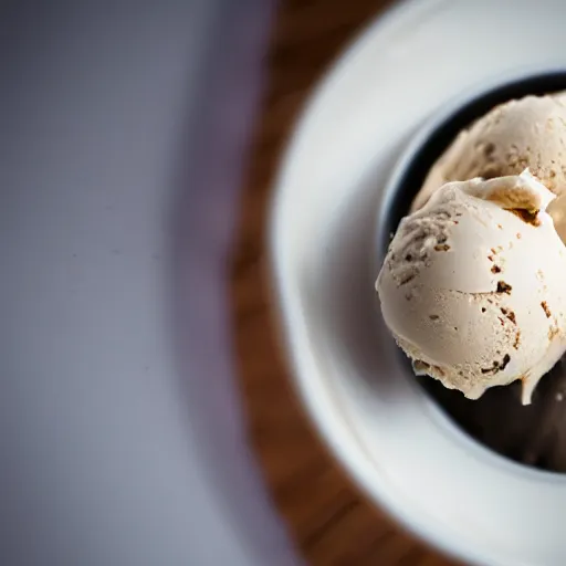 Prompt: a bowl of ice cream is sitting on the peak of mount everest, clear focus, bokeh effect, high res