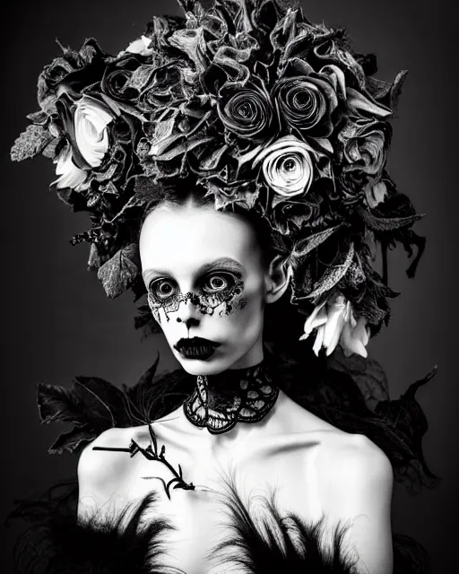 Prompt: surreal dark poetic black and white photo portrait of complex bio-mechanical beautiful young silver female-vegetal-cyborg with a fur metal fine lace face, a very long neck and a fine metal floral foliage super big gothic lace collar and very high big floral crown with many black dry roses by Vivienne Westwood:: smoke, high fashion, haute couture, rococo, avant-garde, silver filigree details, anatomical, facial muscles, cable wires, microchip, elegant, dreamy, foggy atmosphere, hyper realistic, 150 mm lens, soft rim light, octane render, unreal engine, picture was taken in 1910 by Man Ray, volumetric lighting, dramatic light,8k,