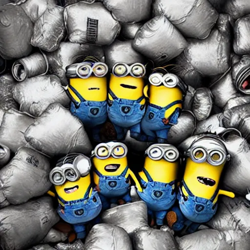 Prompt: photograph of several minions from despicable me being compacted by a trash compactor