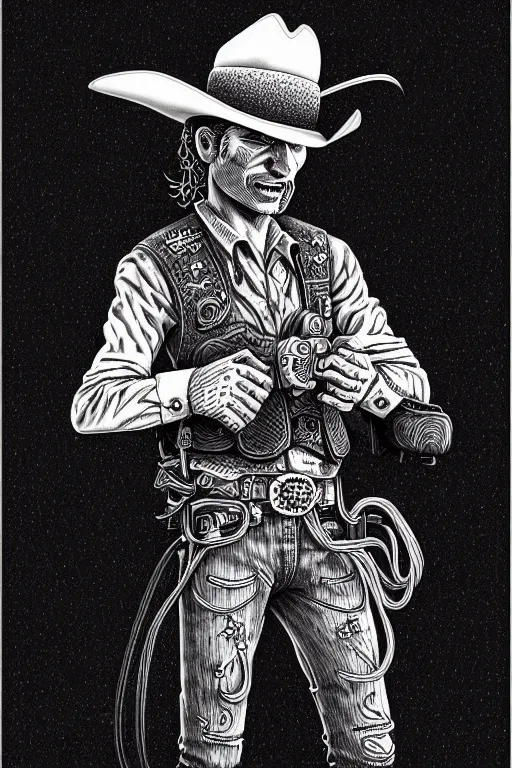 Prompt: a line drawing of a cowboy by joe fenton, trending on artstation, realistic rendering