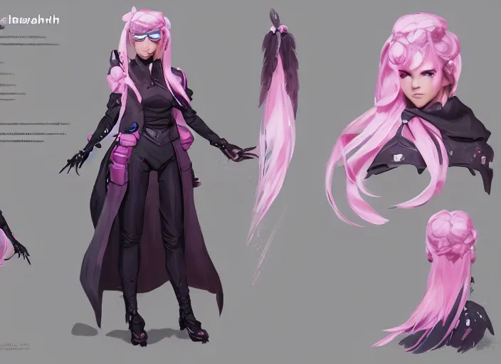 Image similar to character sheet for a beautiful and cute girl for genshin impact by greg rutkowski, black to light pink fade hair, genshin impact style, overwatch style, sorcerer magic witch, digital art, trending on artstation, hd, 8 k, highly detailed, good lighting, beautiful, masterpiece