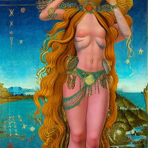 Image similar to sumerian goddess inanna ishtar, ashteroth, techno mystic goddess princess intergalactica, with aqua neon rapunzel dreadlocks, detailed, wearing seashell attire, crystal pathway to atlantis floating on the sea, by sandro botticelli