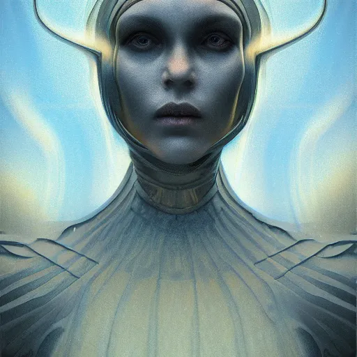 Image similar to sci - fi portrait of bene gesserit order sister by jean delville and rafael santi, baroque, intricate, hyperealistic, photoreal, 8 k resolution, highly detailed, proffesional illustration, high contrast, ambient occlusion, octane render, unreal engine 5, artstation hd