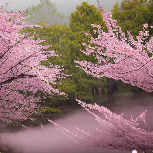 Image similar to volumetric hazy komorebi through cherry blossom trees in an industrial complex of organic architecture