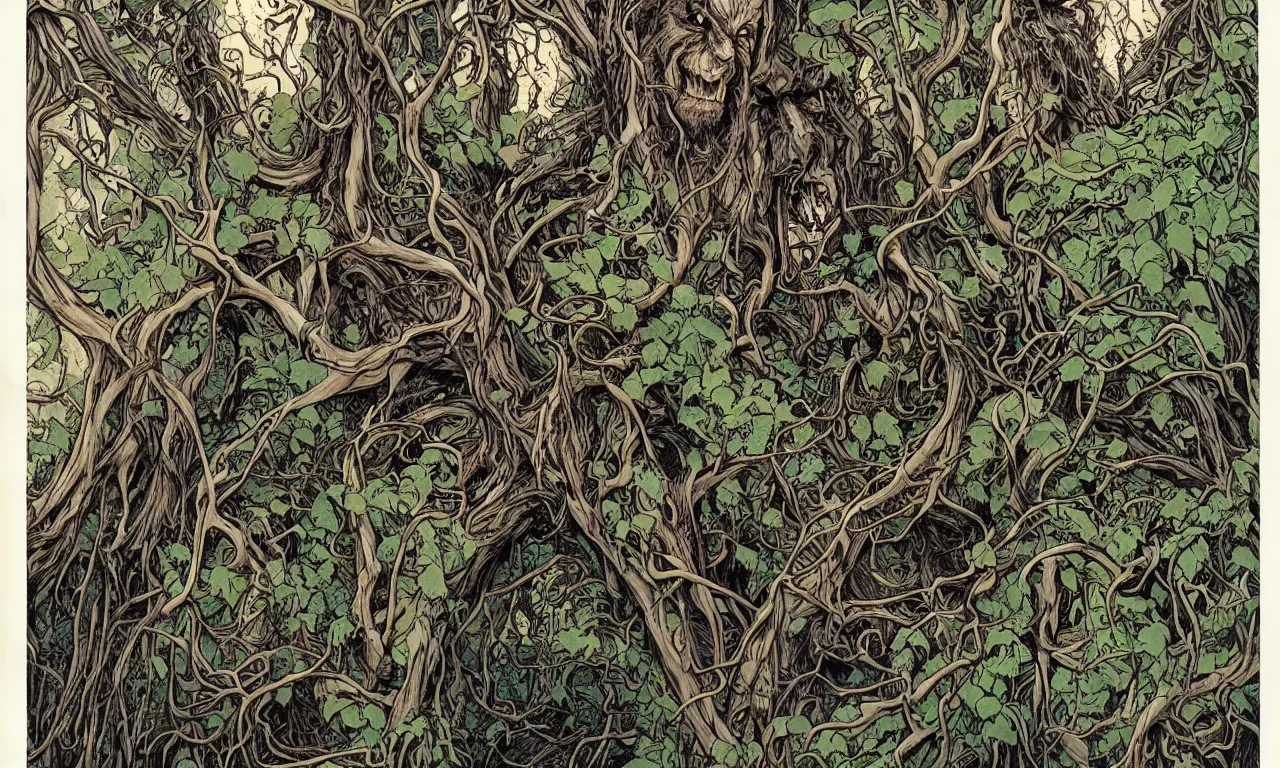 Image similar to hyperdetailed art nouveau portrait of treebeard as a werewolf, by whelan, bisley, fabry and sienkiewicz, witchcraft, glow of magic powers, eldritch energy, lightning, fire, sparkling mystic bolts, photorealism, night in the forest, thorns, vines, terror, wild, crazy, scary, horror