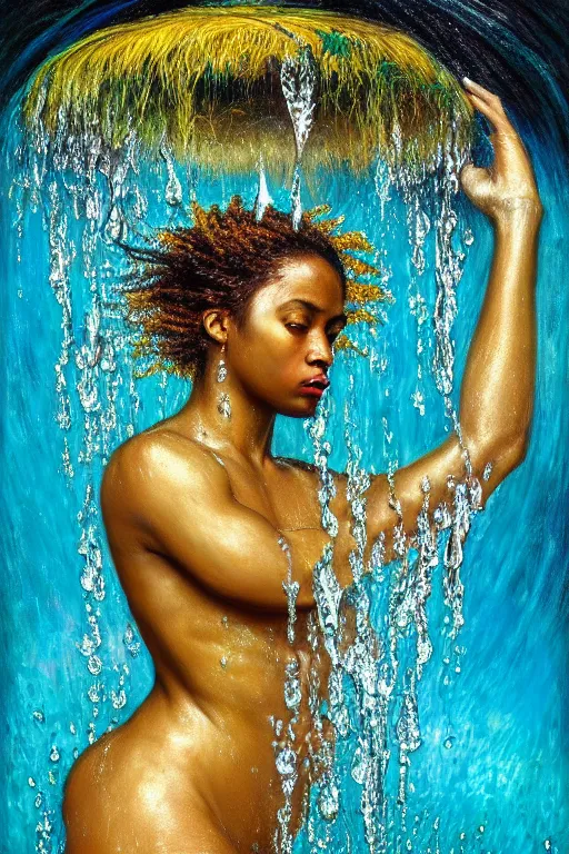 Image similar to photo realistic precisionist cinematic very expressive! oshun goddess, in water! john everett millais, mirror dripping droplet!, gold flowers, highly detailed face, digital art masterpiece, smooth eric zener cam de leon, dramatic pearlescent turquoise light on one side, low angle uhd 8 k, shallow depth of field