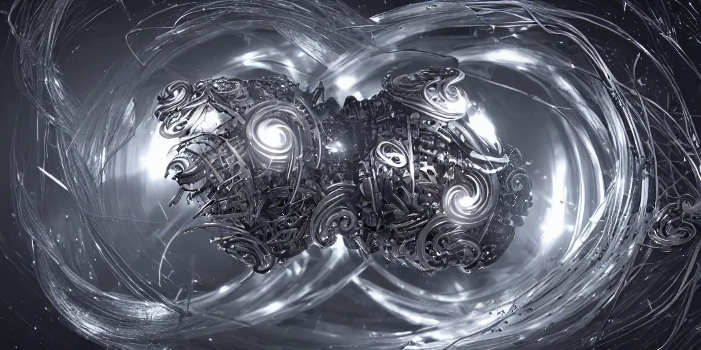 Image similar to swirling abstract cyborg parts and bio - mechanical tendrils and ornate flowing smoke streams and liquid light streaks surround a small metallic sphere, cinematic, unreal engine