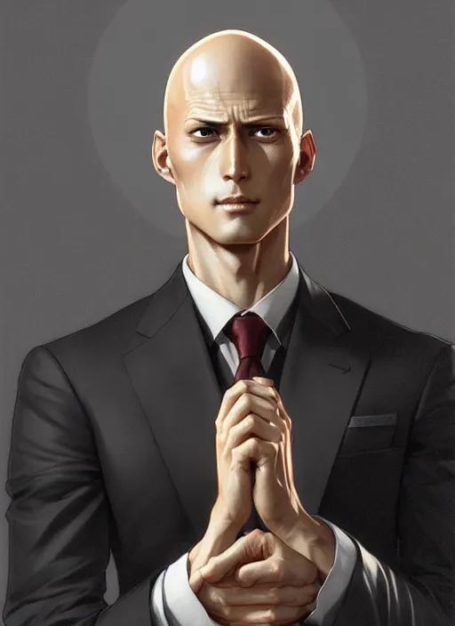 Image similar to ultra realistic illustration, handsome saitama. intricate, elegant, black suit, highly detailed, digital painting, artstation, concept art, smooth, sharp focus, illustration, art by artgerm and greg rutkowski and alphonse mucha and wlop