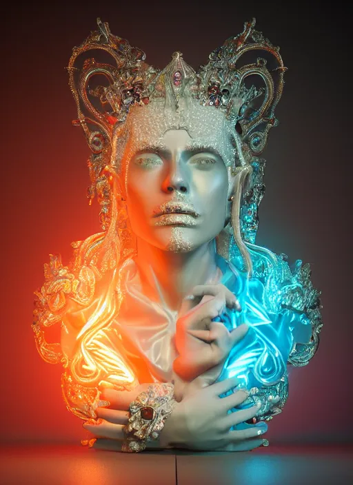 Image similar to photo of baroque and bladerunner delicate neon diamond sculpture of seductive ceramic albino king kit butler dotado creamy orange iridescent humanoid deity wearing white fluffy hoody holding diamond skull in a black metallic dungeon, reclining, glowing rainbow face, crown of white diamonds, cinematic lighting, photorealistic, octane render 8 k depth of field 3 d