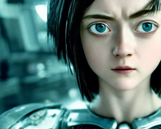 Image similar to film still of dakota fanning as battle angel alita, beautiful portrait, watery doe eyes, mouth agape, photorealistic, lifelike, human actress, octane engine, cinematic lighting, high detail, high resolution