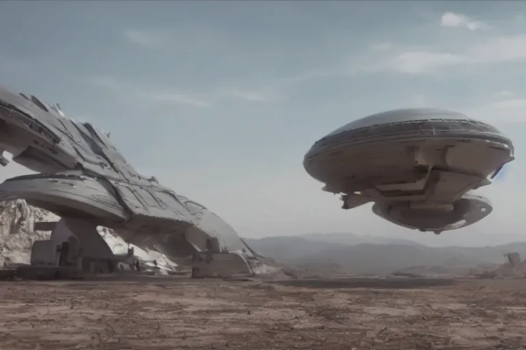 Image similar to VFX movie of a futuristic spaceship landing in war zone, natural lighting by Emmanuel Lubezki