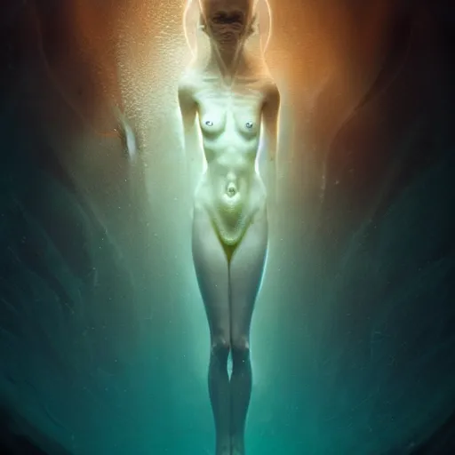 Prompt: ultra realistic horror photo of a dimly lit translucent female alien creature underwater, very intricate details, focus, full frame image, curvy, model pose, artwork by anna dittmann and greg rutkowski, award winning