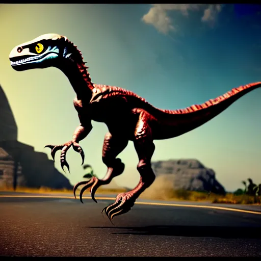 Image similar to a velociraptor riding a motorbike, photorealistic 3 d octane render, unreal engine