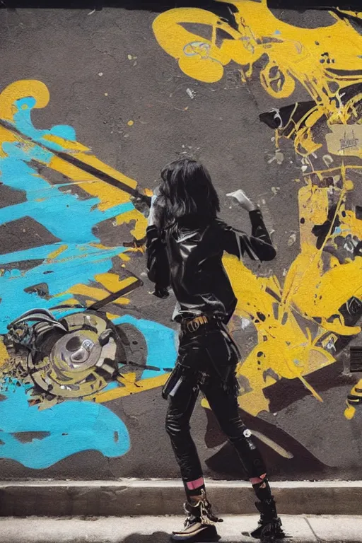 Image similar to punk girl looking at extreme graffiti tag mural maximalism by atey ghailan, by greg rutkowski, by joe fenton, yellow, brown, black and cyan color scheme, octane render