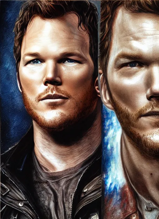 Image similar to portrait of chris pratt, very serious, gritty, dark, wearing a black leather jacket, hyperrealistic, very detailed painting by Glenn Fabry, by Joao Ruas, by Artgerm