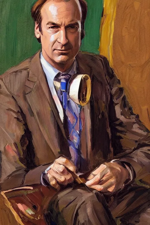 Prompt: saul goodman wearing colorful suit in courtroom, painting by jc leyendecker!!!, angular!!, brush strokes, painterly, vintage, crisp