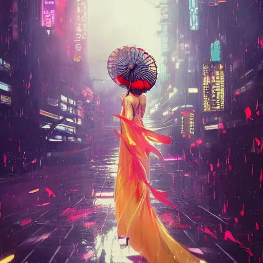 Image similar to Ross Tran style , blade runner robot, sci-fi, 4K symmetrical portrait, flowing long dress, kimono, billowing fabric, glowing floral headdress, parasol, walking on water, swirling koi fish, city lights, octane render, cgsociety.