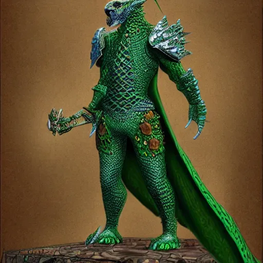 Prompt: a magnificent suit of green dragon scalemail on an armour stand with an exquisite cheetah cloak, d & d, fantasy, intricate, highly detailed, digital painting, artstation, concept art, matte, sharp focus, illustration