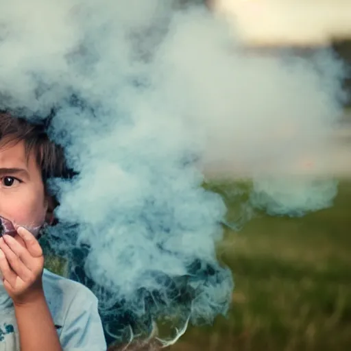 Prompt: child blowing rings of smoke out of their mouth