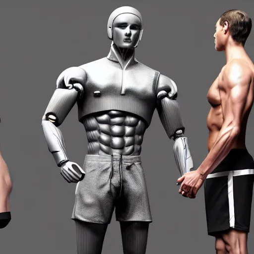 Image similar to a realistic detailed photo of a guy who is an attractive humanoid who is half robot and half humanoid, who is a male android, attractive and handsome jogger, shiny skin, posing like a statue, blank stare, in a factory, on display, showing off his muscles, wearing gym shorts, side view, looking at each other mindlessly