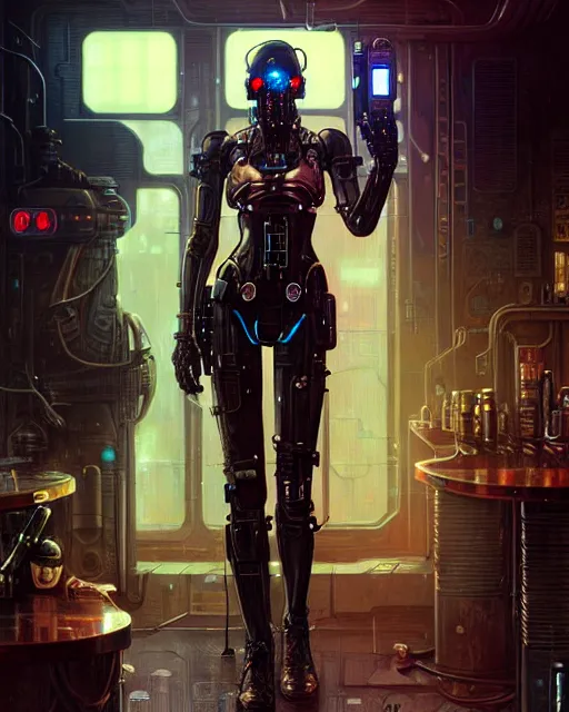 Prompt: a cybernetic bounty hunter sitting at grungy sci - fi bar, fantasy character portrait, ultra realistic, intricate, elegant, highly detailed, digital painting, artstaion, smooth, sharp, focus, illustration, art by artgerm and greg rutkowski and alphonse mucha