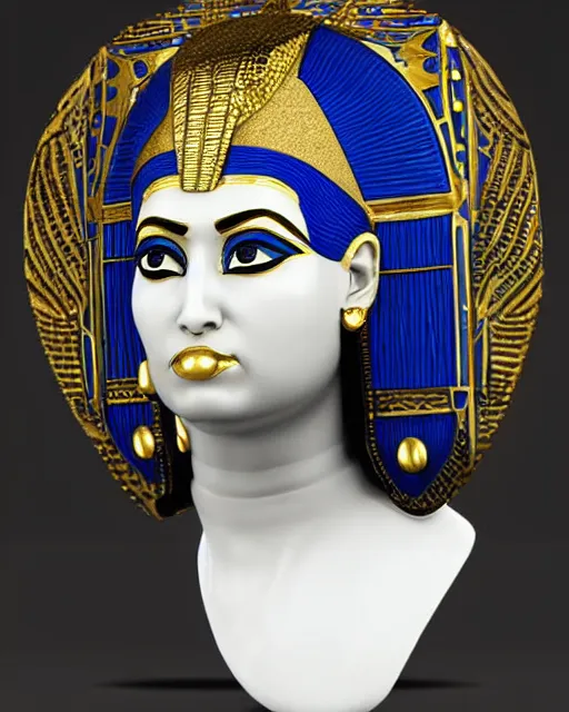 Prompt: intricate realistic bust sculpture of futuristic digital obese angry egyptian beautiful girl empress, stone and glass and gold, blue and black, masterpiece