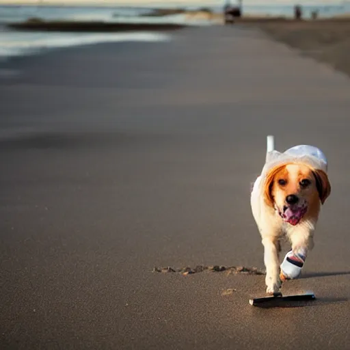 Prompt: dog on the beach skateboarding wearing a top hat