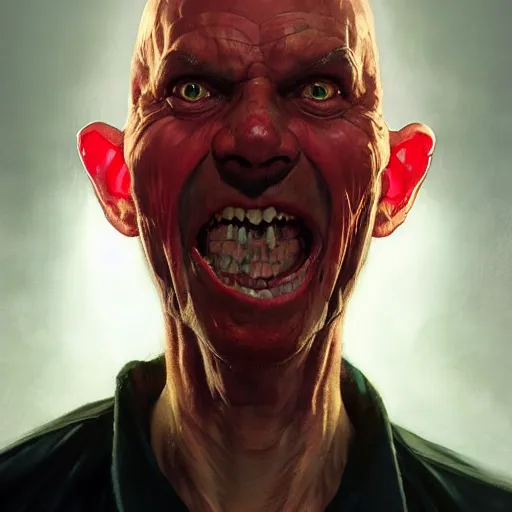 Image similar to portrait of a red bald man with black eyes and a black teeth, horror, glowing eyes, by Stanley Artgerm Lau , greg rutkowski, thomas kindkade, alphonse mucha, loish, norman rockwell. Trending on artstation detailed illustration hd 4k