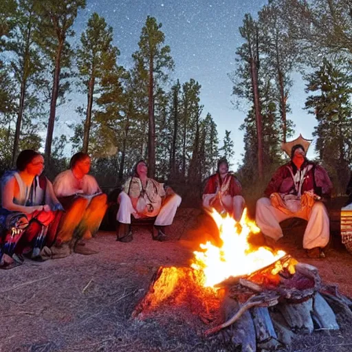 Prompt: native american indian pow wow at campfire under cosmic sky, epic award winning photographic still