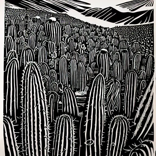 Prompt: Detailed, Linocut Art on paper of a beautiful field of cactus. Epic Latin American Linocut Art.