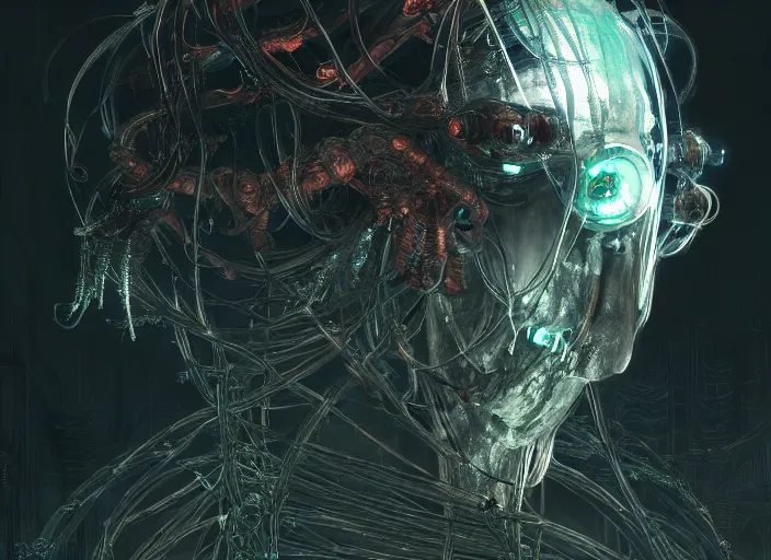 Prompt: a mysterious translucent space alien, neon wired tubing, eerie shimmering surroundings, concept art, intricate, detailed, award - winning, cinematic, octane render, 8 k, photorealistic, by tsutomu nihei, by emil melmoth, by gustave dore, by craig mullins, by yoji shinkawa