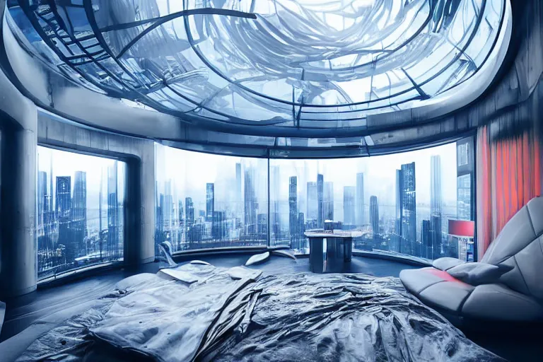 Image similar to a futuristic bedroom with large curved ceiling high windows looking out to a far future cyberpunk cityscape, cyberpunk neon lights, raining, scifi