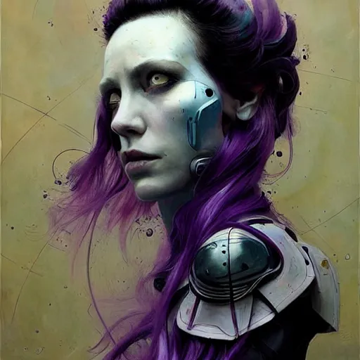 Image similar to pale woman in sci - fi power armor with purple hair, powerful, domineering, stoic, masterful, intense, in the style of adrian ghenie, esao andrews, jenny saville,, surrealism, dark art by james jean, takato yamamoto