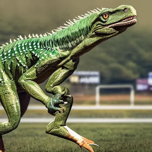 Prompt: a realistic photo of a green velociraptor boxing a brown horse