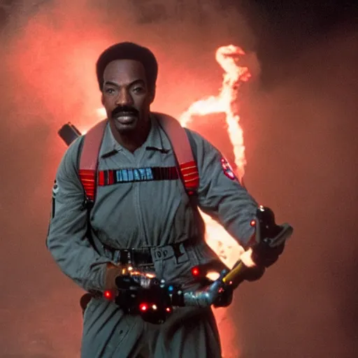 Image similar to awe inspiring Eddie Murphy playing a Ghostbuster in a still from the movie Ghostbusters 8k hdr