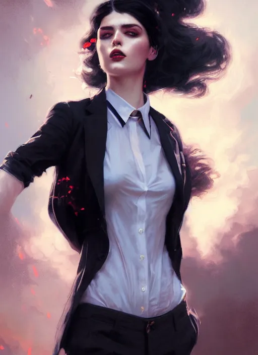 Image similar to a ultradetailed beautiful panting of a stylish woman wearing a shirt with a tie, she has black hair, disressed, background explosion, tom bagshaw and jon foster, greg rutkowski on artstation