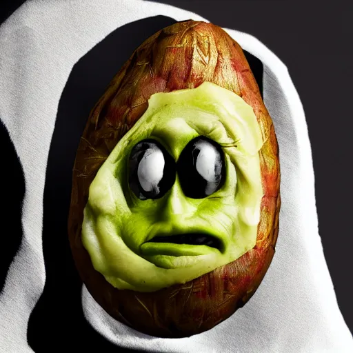 Image similar to evil loaded baked potato face, haunted villain, cinematic, realistic photo, unsettling