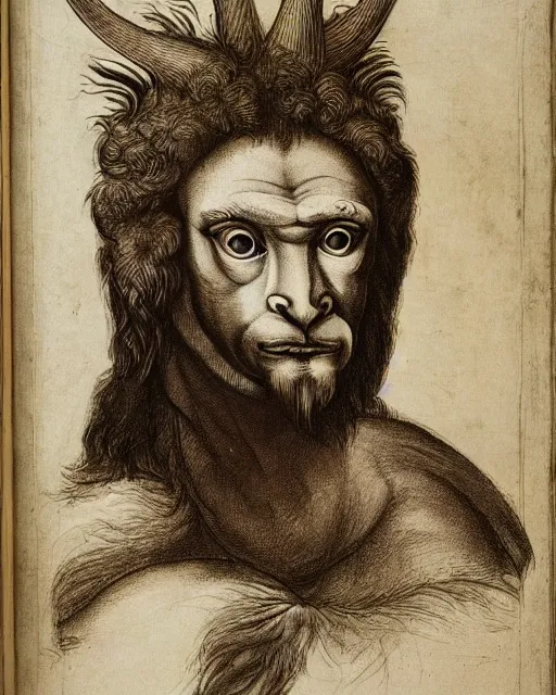 Image similar to a creature with the body and eyes of a man, with the beak of an eagle, the mane of a lion, and the horns of an ox. drawn by francis bacon and da vinci