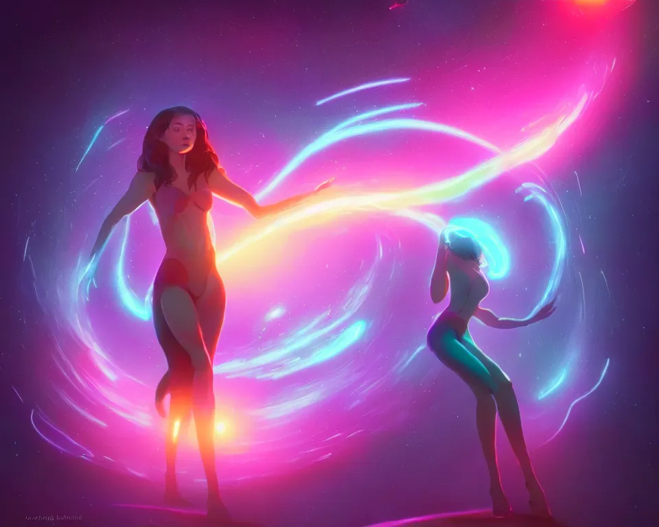 Prompt: a beautiful whimsical woman standing under a multi-colored binary blackhole with an accretion disc, casting magic, glowing trails following her arms, digital art, by Lois van Baarle, by Greg Rutkowski, by artgerm, by beeple, cinematic angle, volumetric lighting, 4k resolution, octane render, trending on artstation, masterpiece