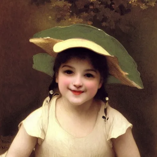 Image similar to A cute fox smiling and wearing a hat, by Robert Cleminson and William-Adolphe Bouguereau