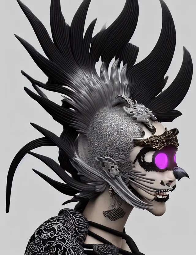 Image similar to 3 d goddess close - up profile simple portrait punk with mohawk with goat skull. beautiful intricately detailed japanese crow kitsune mask and clasical japanese kimono. betta fish, jellyfish phoenix, bio luminescent, plasma, ice, water, wind, creature, artwork by tooth wu and wlop and beeple and greg rutkowski