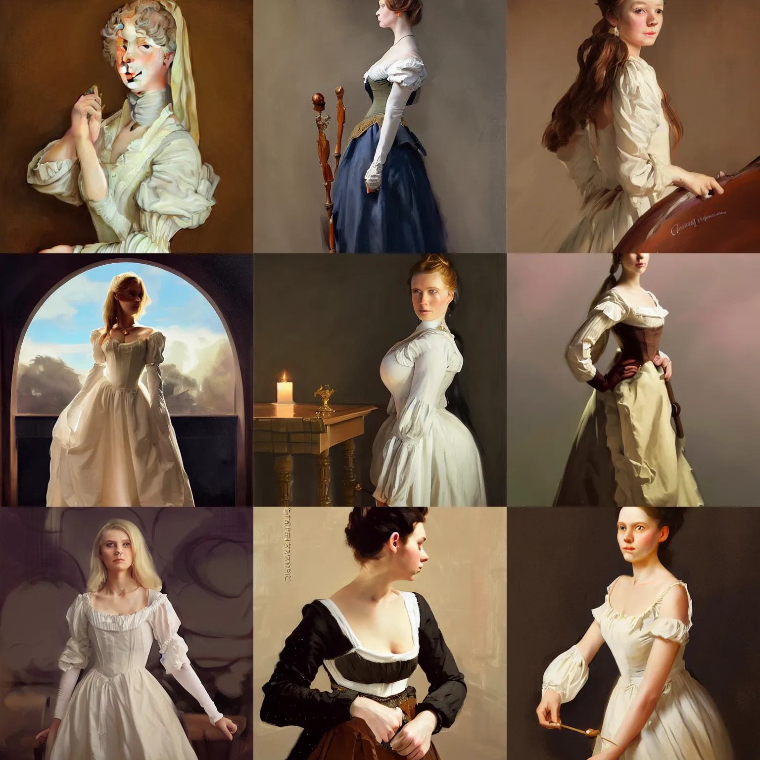 Prompt: portrait of girl scandinavian finnish norway instagram model wearing 1 8 th century gown, jodhpurs greg manchess painting by sargent and leyendecker, studio ghibli, fantasy, medium shot, asymmetrical, intricate, elegant, matte painting, illustration, hearthstone, by greg rutkowski, by greg tocchini, by james gilleard, by joe fenton