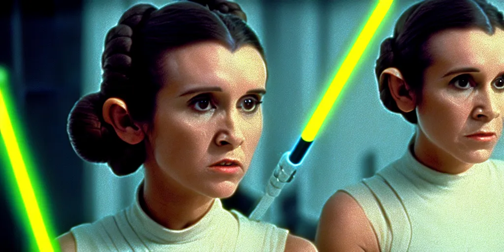 Image similar to screenshot portrait solo shot of Princess Leia training to use a yellow lightsaber at a new Jedi Temple scene from The Force Awakens, 1970s film by Stanley Kubrick, serene, iconic scene, stunning cinematography, hyper detailed, sharp, anamorphic lenses, kodak color film, 4k