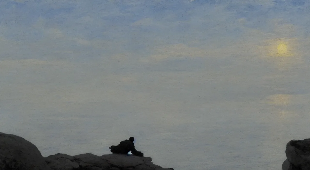 Image similar to isaac levitan painted style a lonely silhouette of a meditating monk sitting in the fog on a stone protruding from the water in the rays of the morning sun