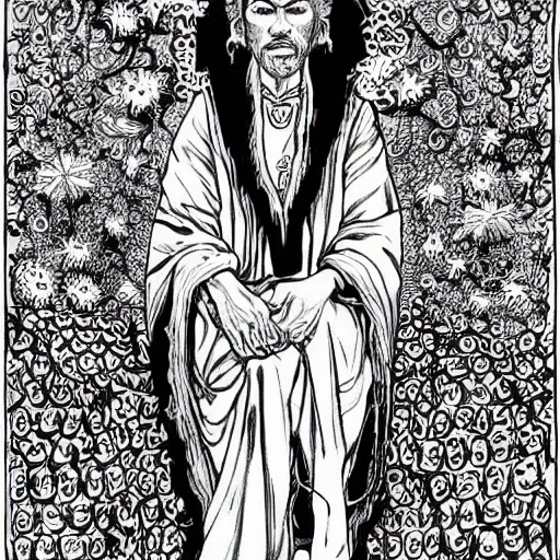 Image similar to black and white pen and ink!!!!!!! Suprani!!!!! wizard Nick Drake wearing High Royal flower print robes flaming!!!! final form flowing ritual royal!!! Contemplative stance Vagabond!!!!!!!! floating magic swordsman!!!! glides through a beautiful!!!!!!! Camellia!!!! Tsubaki!!! death-flower!!!! battlefield behind!!!! dramatic esoteric!!!!!! Long hair flowing dancing illustrated in high detail!!!!!!!! by Hiroya Oku!!!!!!!!! graphic novel published on 2049 award winning!!!! full body portrait!!!!! action exposition manga panel black and white Shonen Jump issue by David Lynch eraserhead and beautiful line art Hirohiko Araki!! Frank Miller, Kentaro Miura!, Jojo's Bizzare Adventure!!!! 3 sequential art golden ratio technical perspective panels horizontal per page