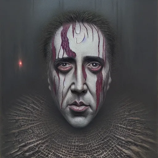 Image similar to Nicolas Cage as god of chaos in a hood dark fantasy, intricate, smooth, artstation, painted by Wayne Barlowe, zdislav beksinski