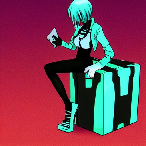 Prompt: advanced anime digital art, cyberpunk catgirl sitting in a box