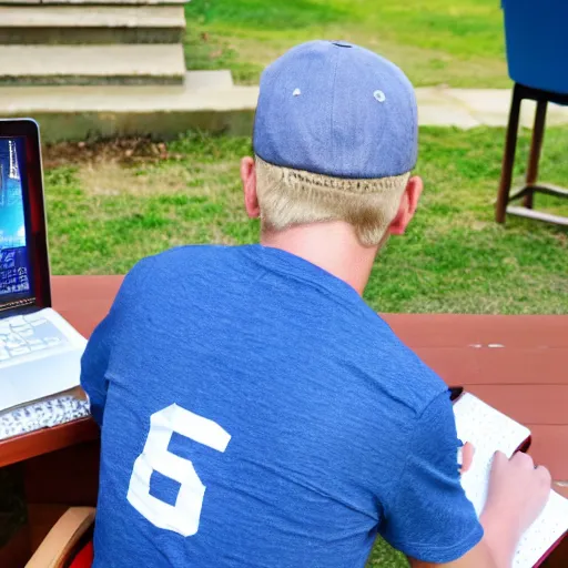 Image similar to back of short college guy with short blonde hair and a blue baseball cap sitting in a chair typing an essay on a laptop