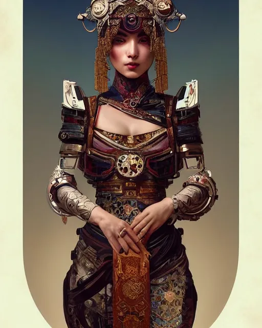 Prompt: portrait of a turkish masculine female cyberpunk machine, machine face, upper half portrait, decorated with ottoman opera motifs, muscular, asian, fine china, wuxia, traditional chinese art, intricate intense elegant, highly detailed symmetry headpiece digital painting artstation concept art smooth sharp focus illustration, art by artgerm and greg rutkowski alphonse mucha 8 k